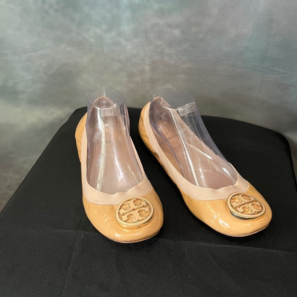 Tory Burch Minnie Travel Ballet Flats Tan Patent Leather Gold Logo Size 9.5M
